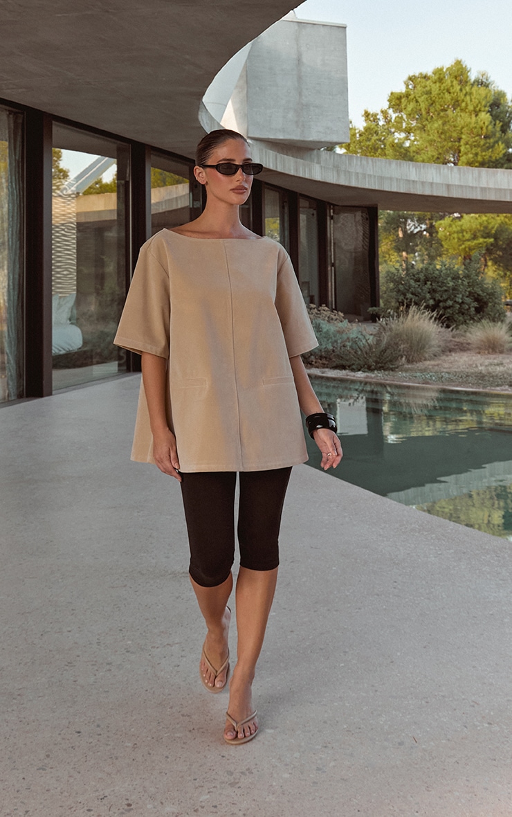 Sand Faux Suede Oversized Boxy Detail Structured Top  image 3