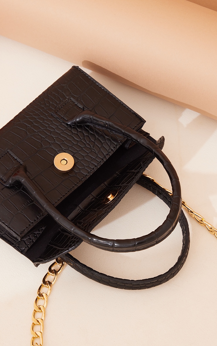 Black Croc Long Handle Mini Cross Body Bag image 3