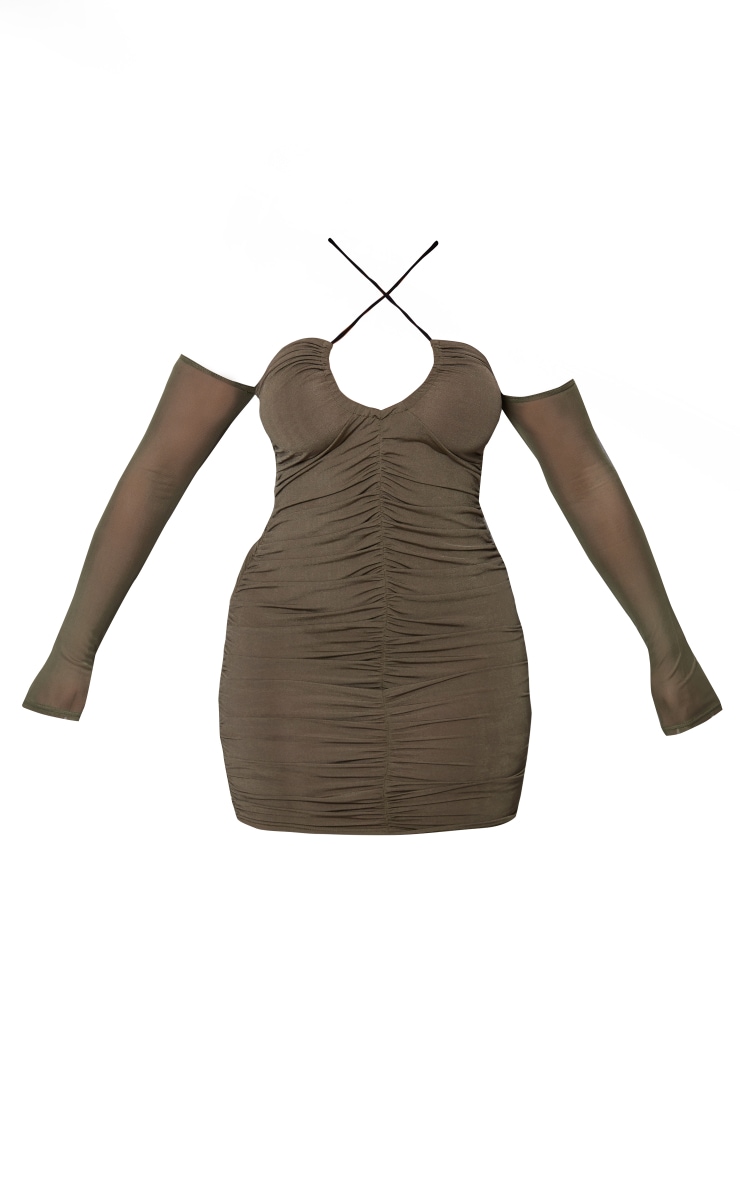 Shape Olive Mesh Ruched Bardot Strap Detail Bodycon Dress image 1