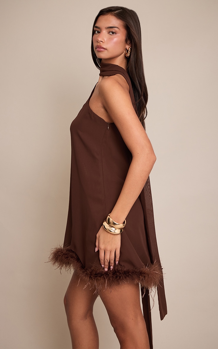 Chocolate Chiffon One Shoulder Feather Detail Shift Dress image 4