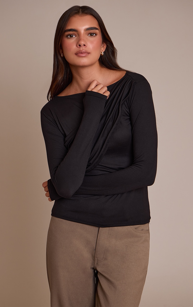 Black Soft Touch Drape Detail Long Sleeve Top image 4