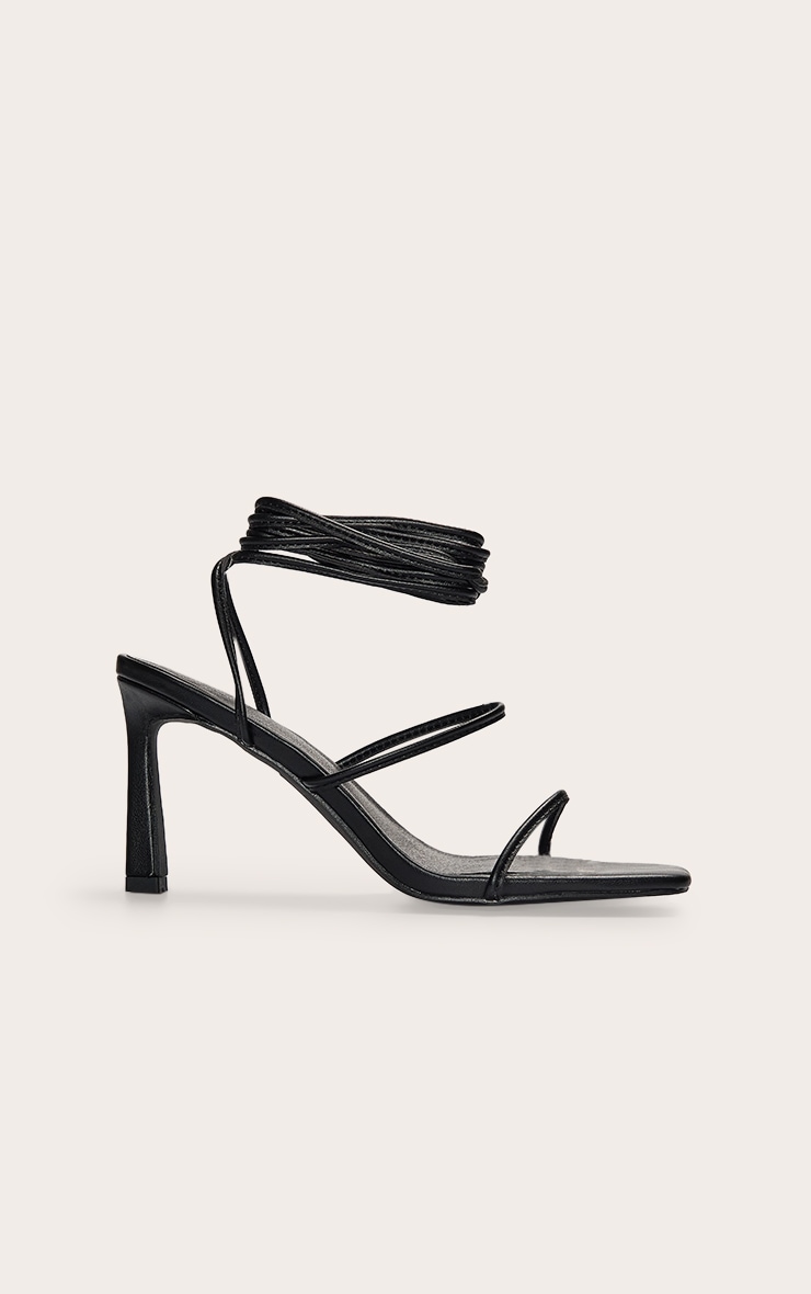 Black Pu Square Toe Strappy Lace Up Mid Stiletto Heeled Sandals image 2