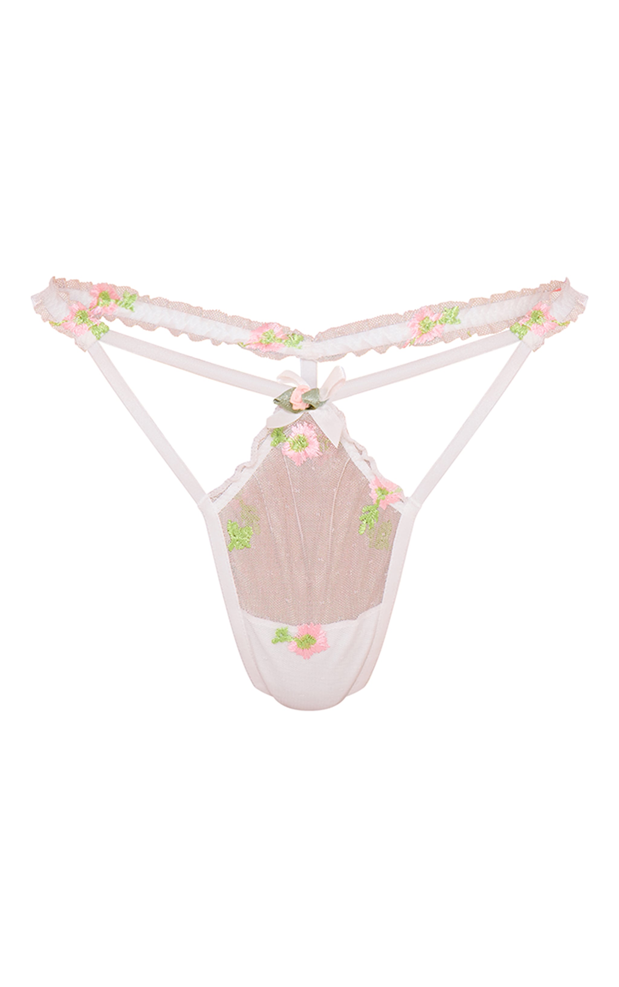 White Flower Embroidered Mesh Thong image 5