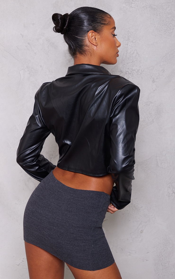 Black Basic Double Breasted Faux Leather Cropped Blazer image 2