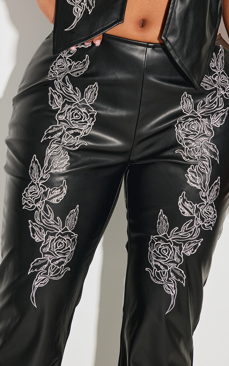 Shape Black Faux Leather Embroidered Flare Pants image 4