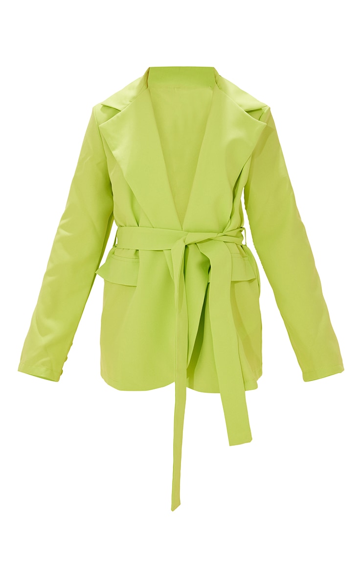 Lime Green Basic Button Sleeve Belted Blazer image 5
