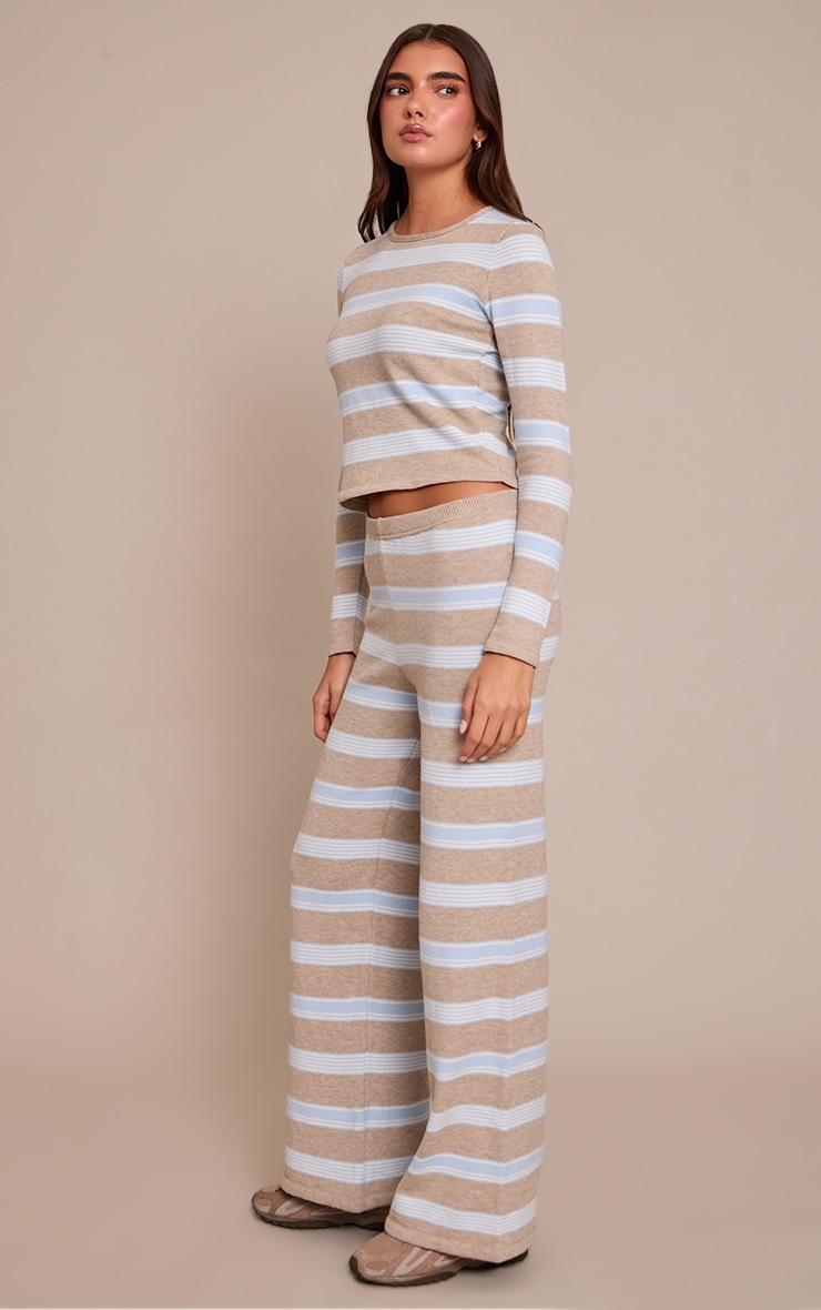 Taupe Striped Long Sleeve Knitted T-Shirt image 3