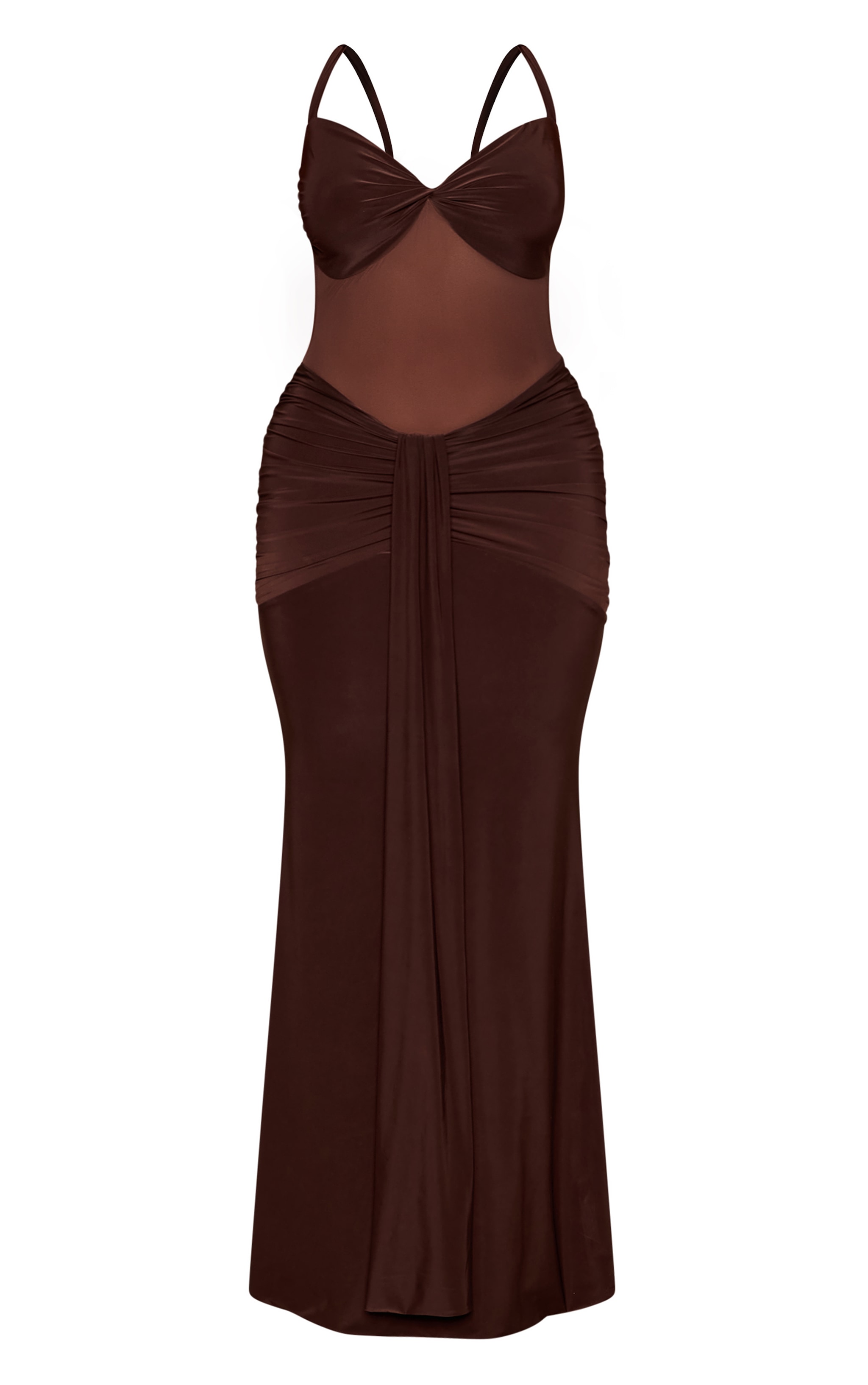 Shape Chocolate Slinky Mesh Panel Drape Detail Halterneck Maxi Dress image 5