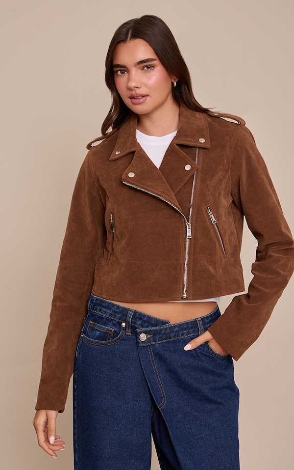 Brown Basic Faux Suede Pocket Detail Biker Jacket