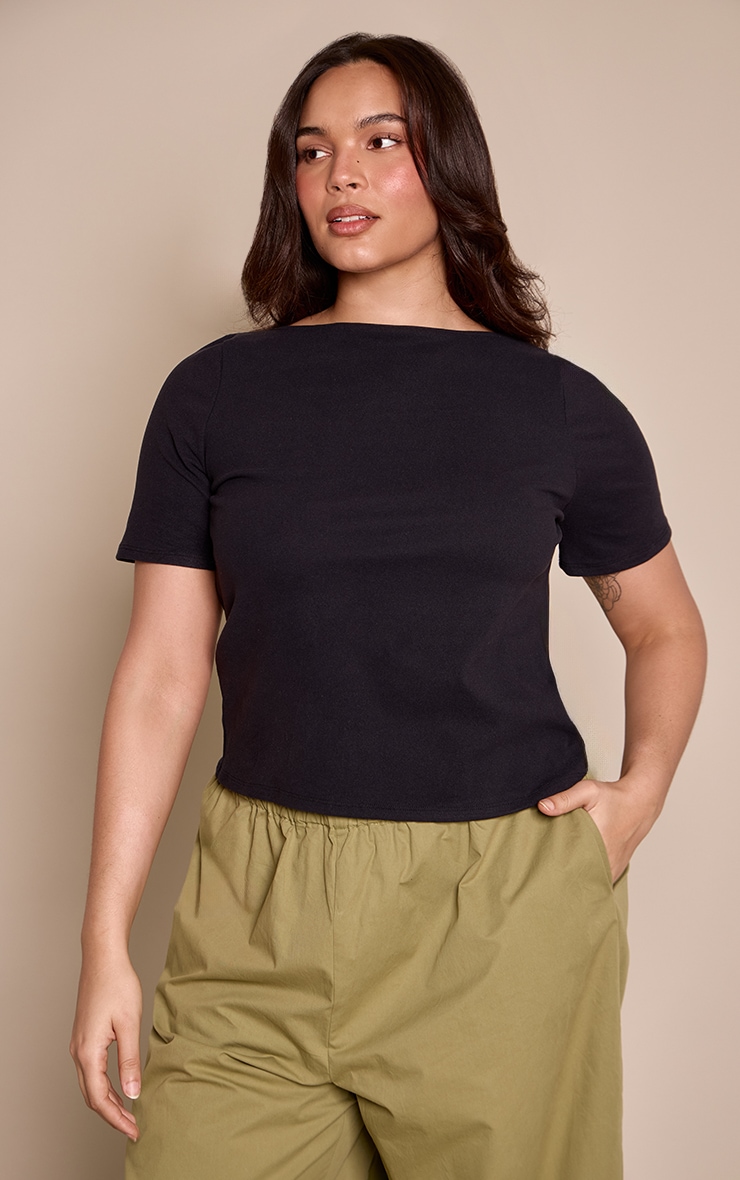 Plus Black Soft Boat Neck Touch T-shirt