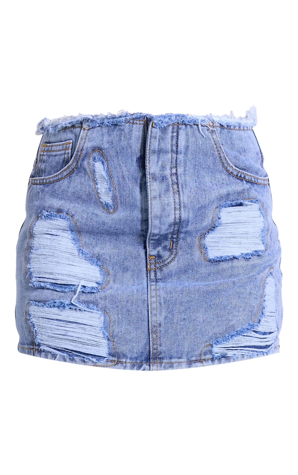 Ice Blue Acid Wash Distressed Patch Denim Mini Skirt