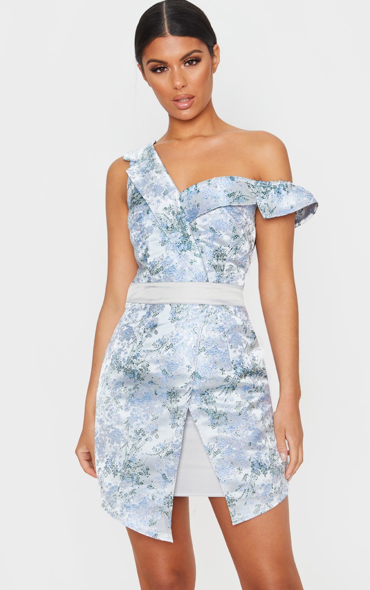 Silver Asymmetric Bardot Jacquard Blazer Dress