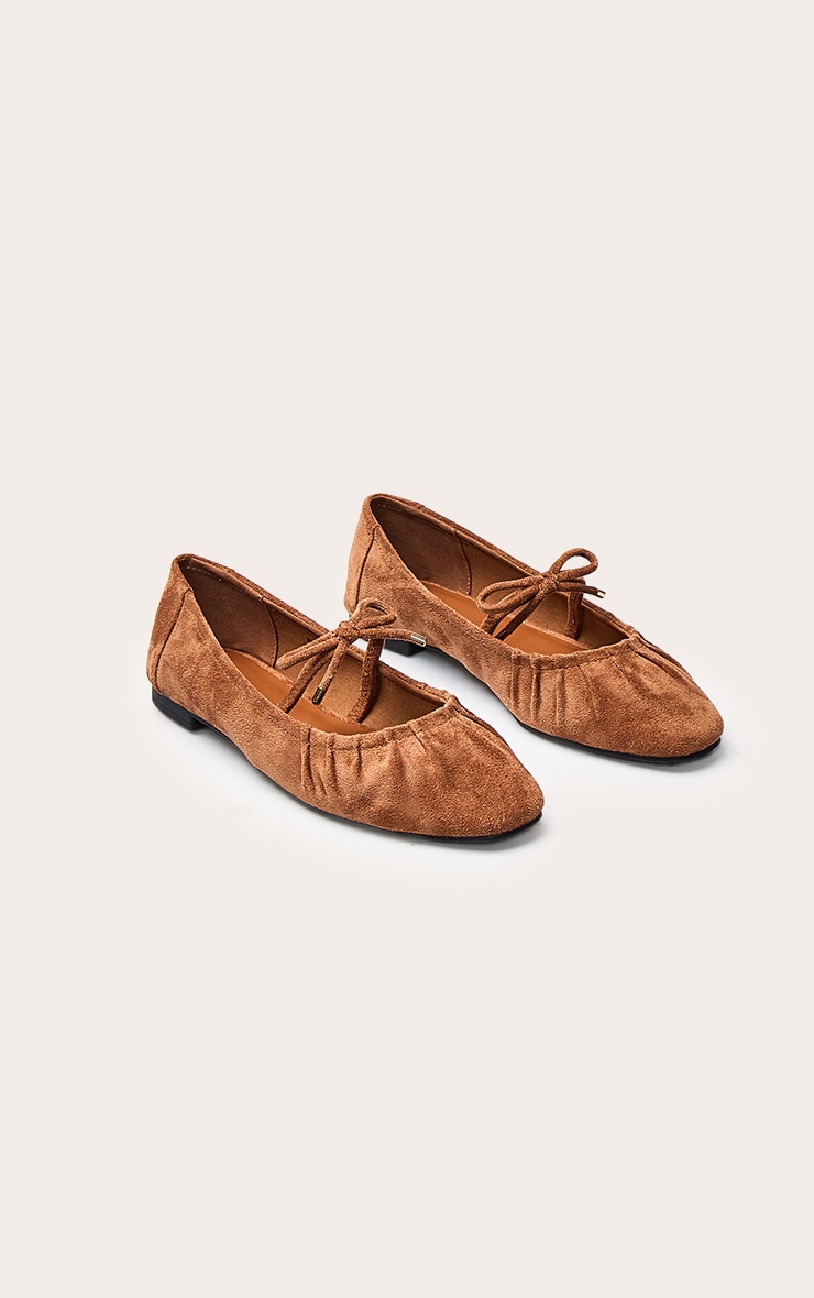 Tan Faux Suede Bow Ruched Square Toe Ballet Flats image 3