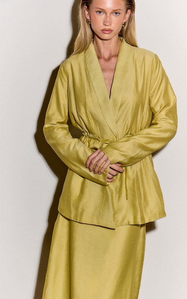 Pale Chartreuse Sheer Organza Tie Cinched Blazer