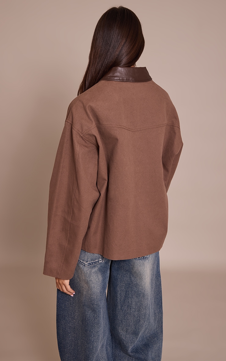 Chocolate PU Collar Twill Oversized Trucker Jacket image 2