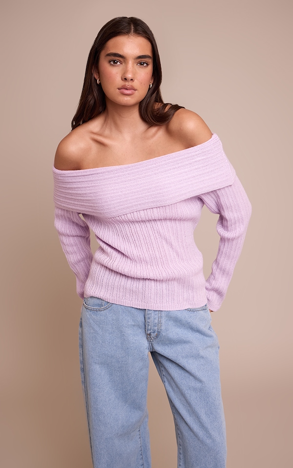 Top en maille tricot lilas à épaules dénudées et manches longues