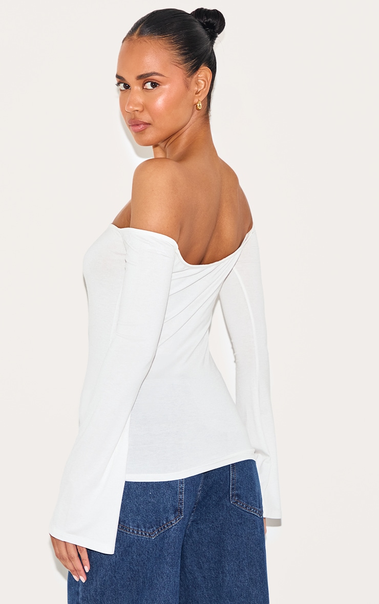 White Soft Cotton Bardot Long Sleeve Top image 2