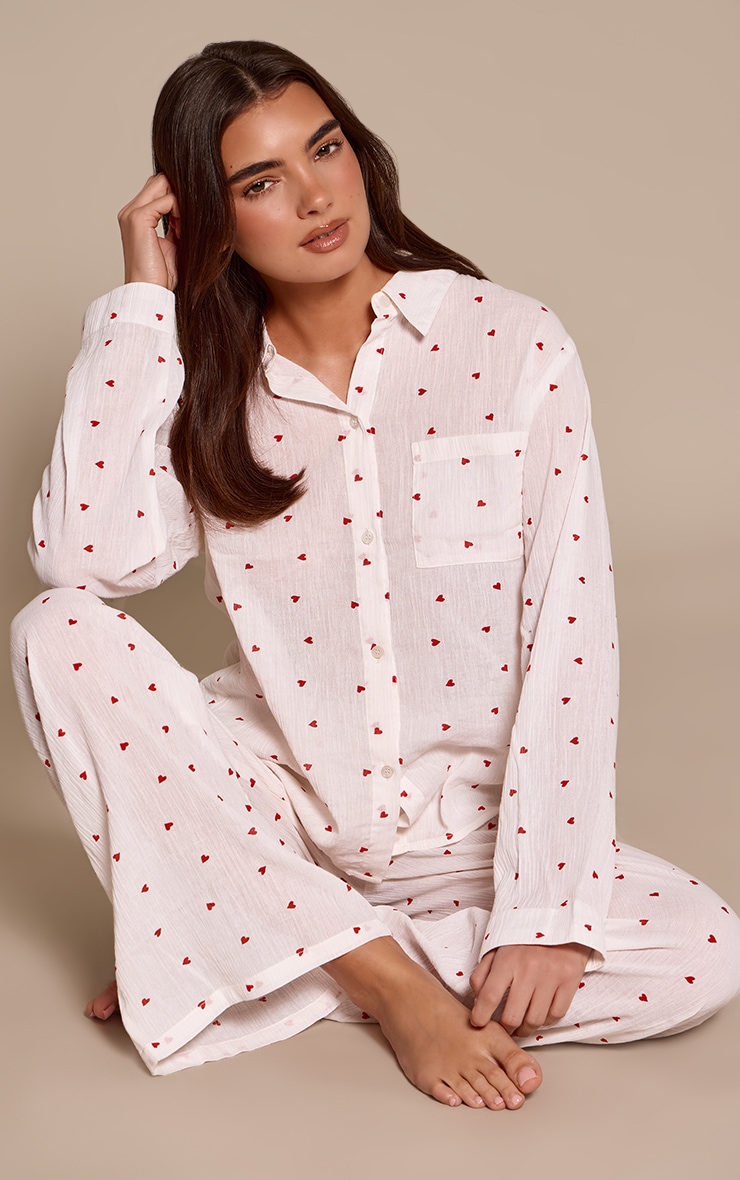 Red Heart Crinkle Button Up Long Sleeve Pyjamas image 1
