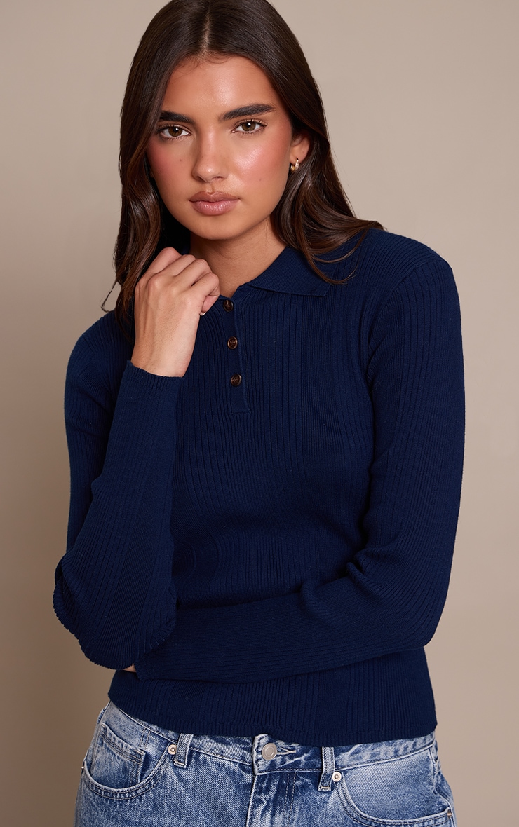 Navy Ribbed Knit Long Sleeved Polo Top image 1