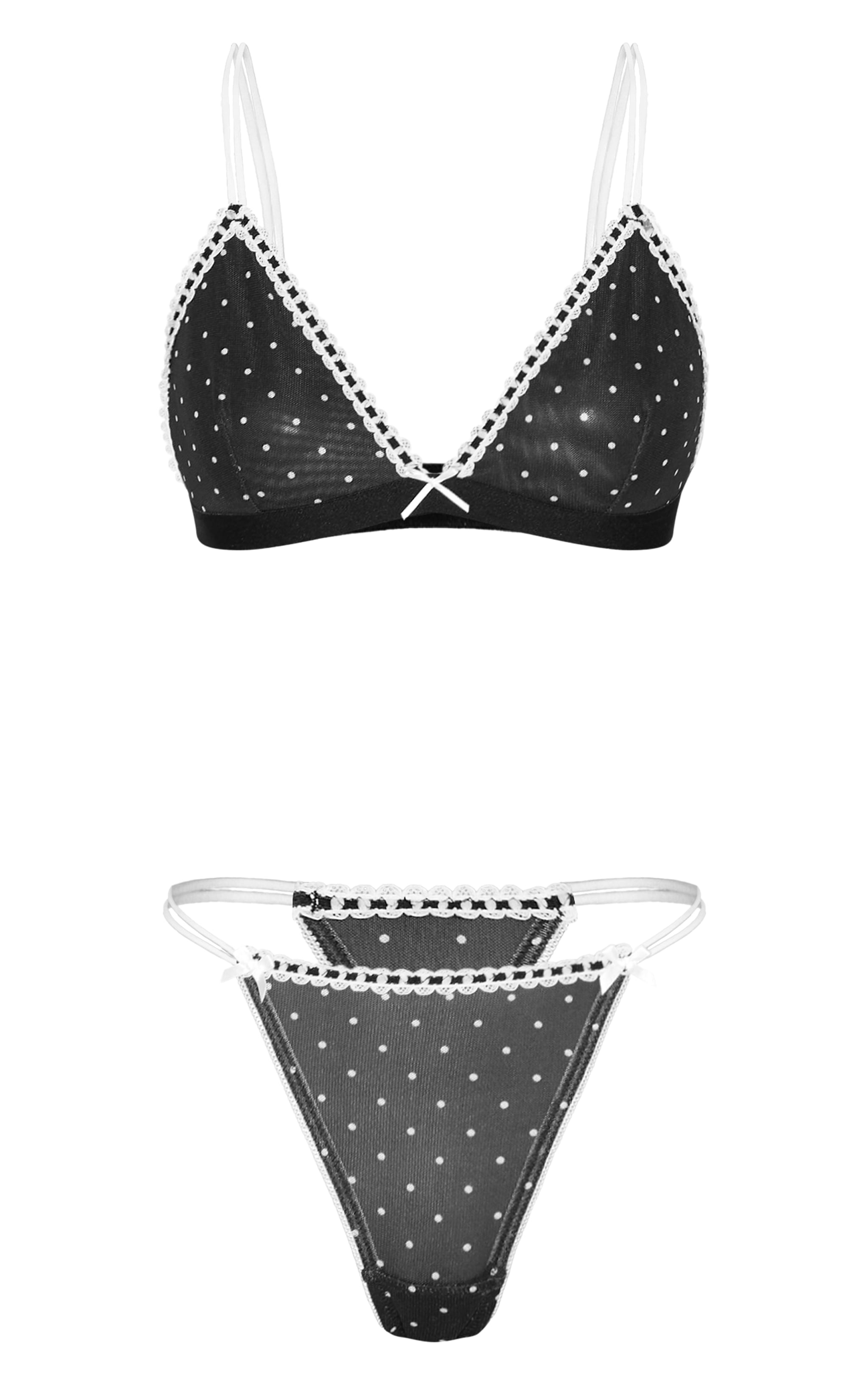 Black Polka Dot Mesh Triangle Lingerie Set image 5