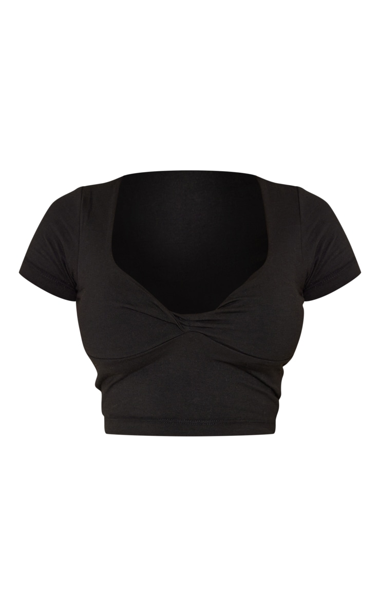 Black Twist Front Cap Sleeve Crop Top Tops PrettyLittleThing USA