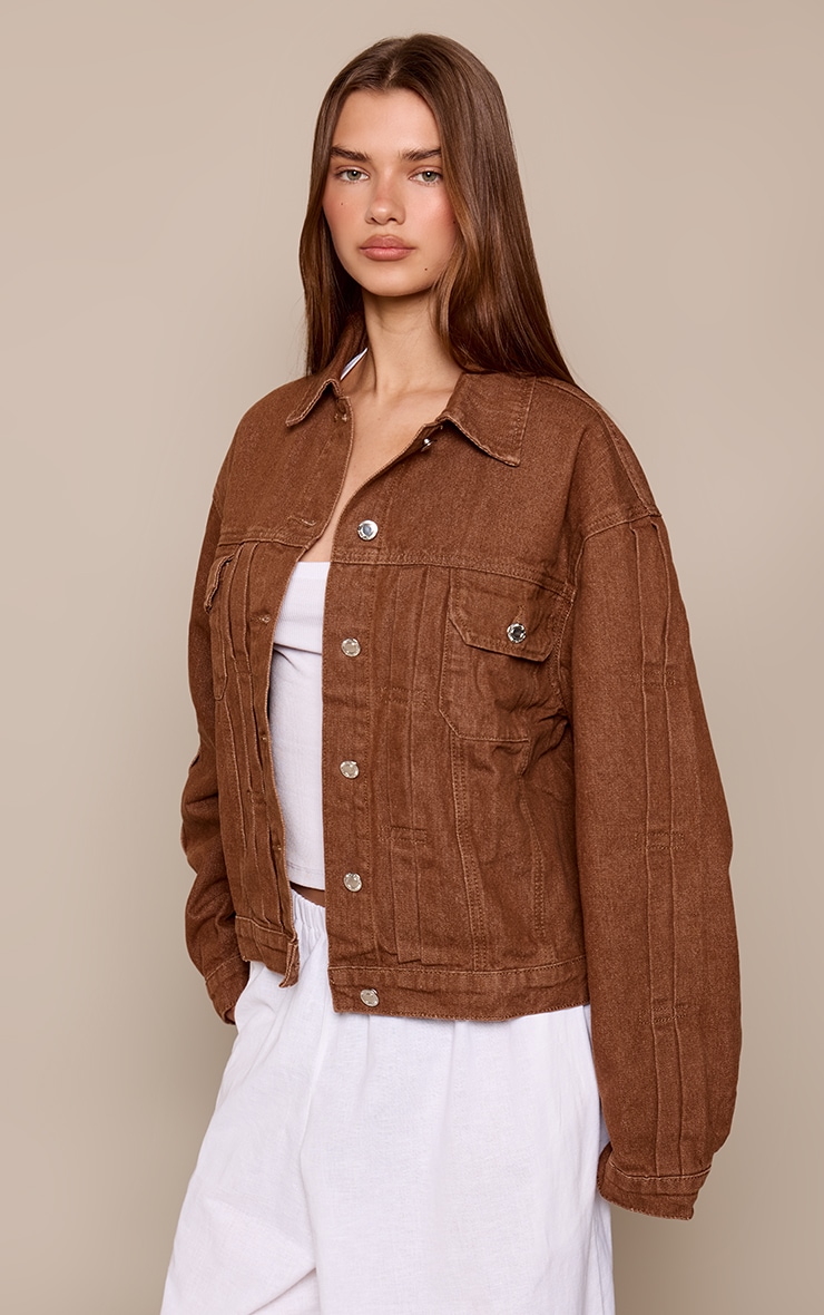 Tan Pleat Detail Boxy Denim Jacket