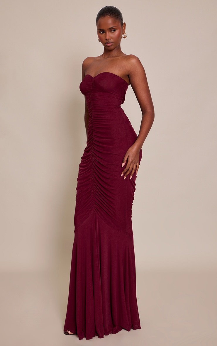 Plum Mesh Bandeau Ruched Detail Maxi Dress image 3