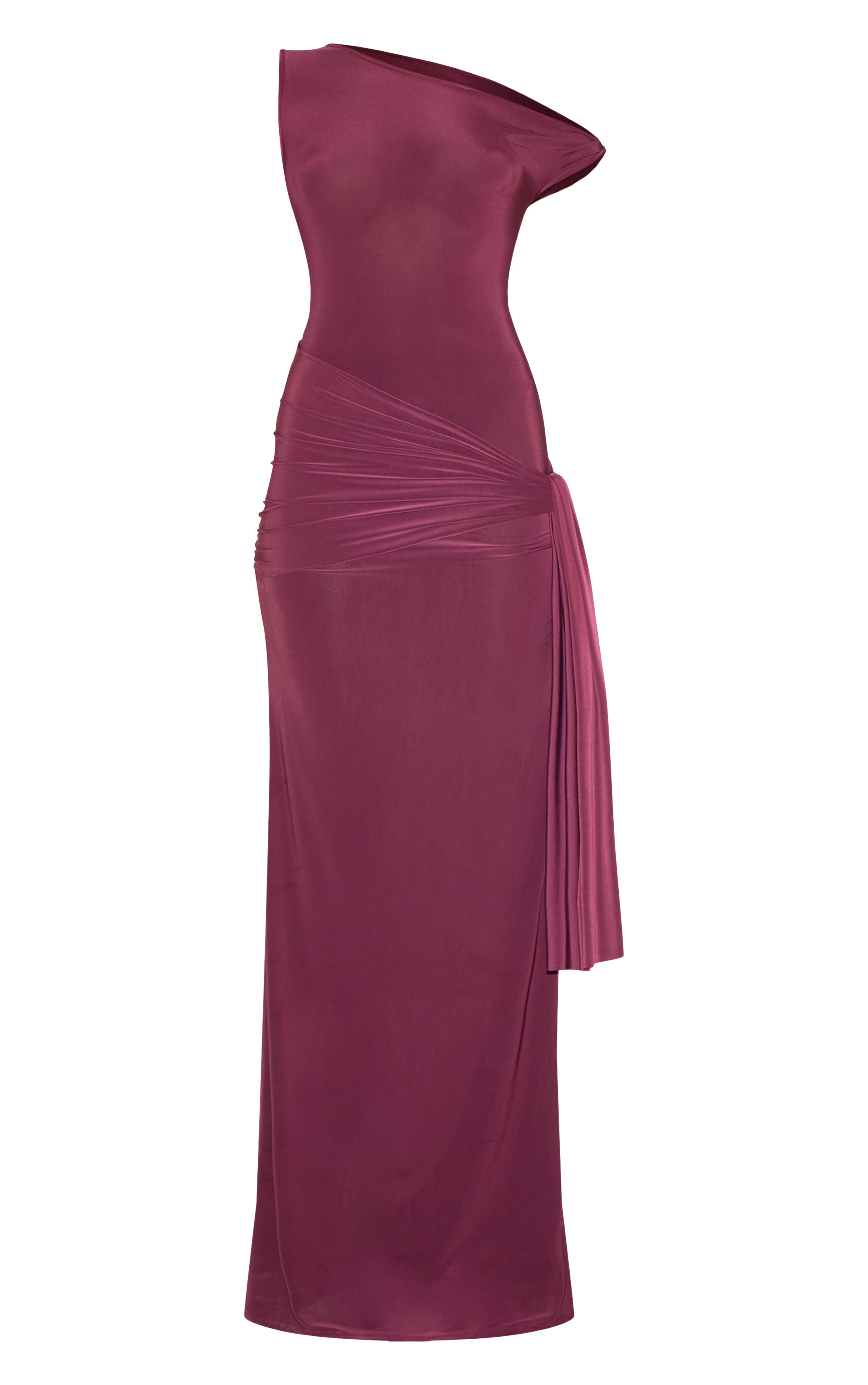 Robe longue moulante rouge vin à épaule dénudée et détail drapé image 5