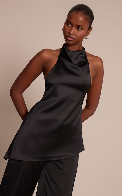 Black Satin High Neck Scoop Back Drape Top
