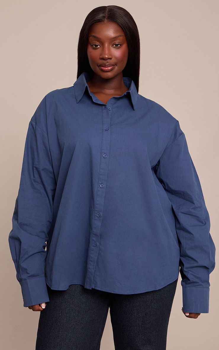 Plus Navy Cotton Multi Button Cinched Shirt image 1