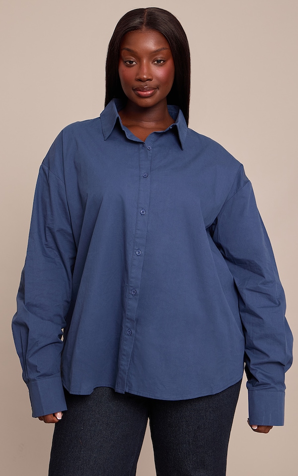Plus Navy Cotton Multi Button Cinched Shirt
