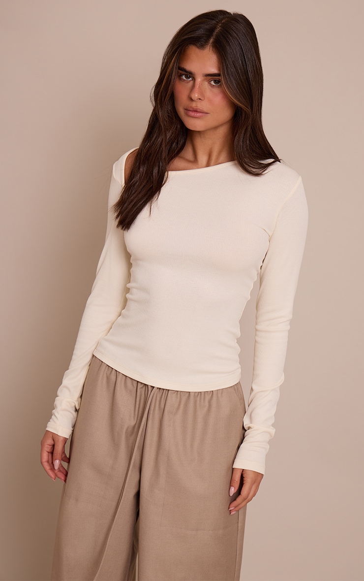 Cream Soft Rib Asymmetric Detail Fitted Longline Top