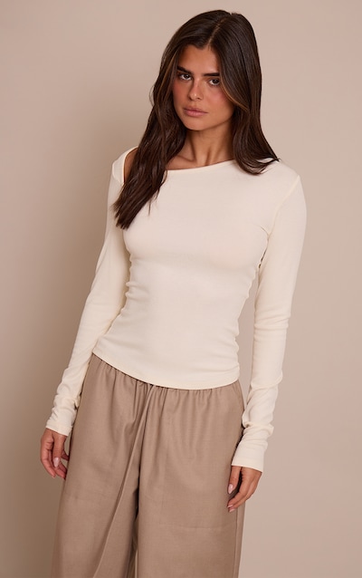 Cream Soft Rib Asymmetric Detail Fitted Longline Top