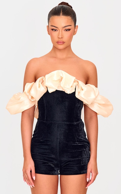 Black Contrast Bardot Puff Sleeve Velvet Romper