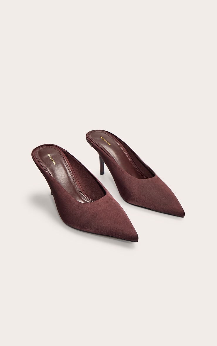 Chocolate Satin Point Toe Mid Stiletto Heeled Court Mules image 2