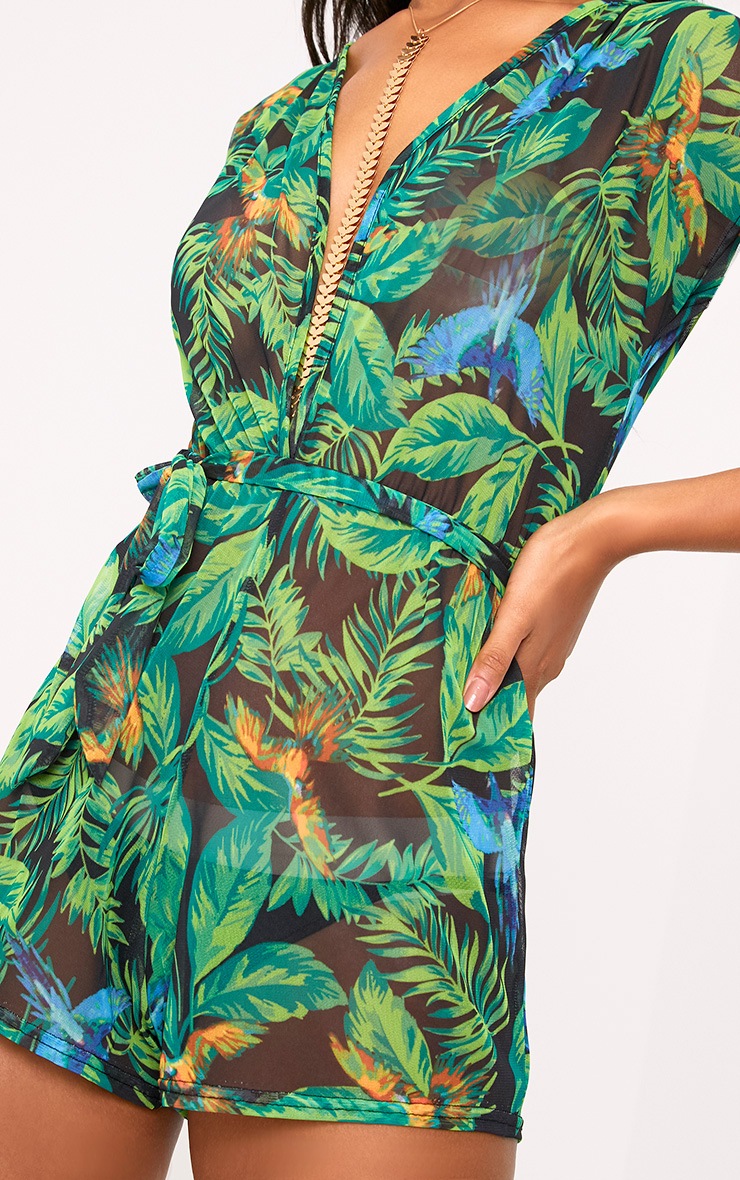 Tropical Leaf Print Beach Playsuit Playsuits PrettyLittleThing