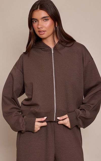 Chocolate Interlock Cropped Zip Up Hoodie