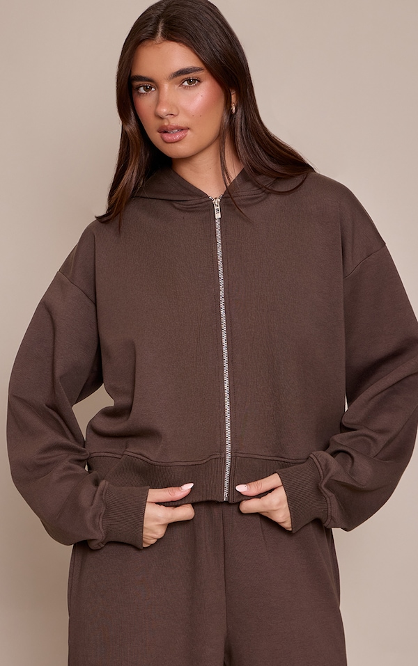 Chocolate Interlock Cropped Zip Up Hoodie