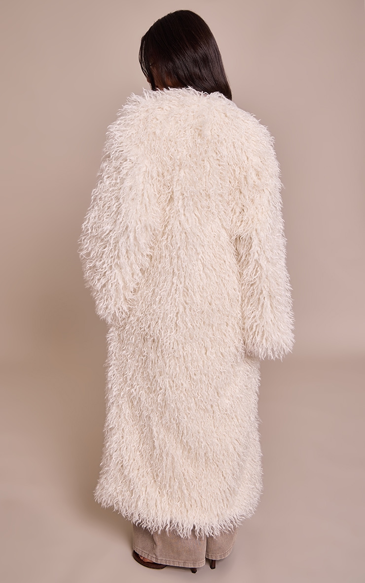 Petite Cream Faux Mongolian Fur Collarless Maxi Coat image 2