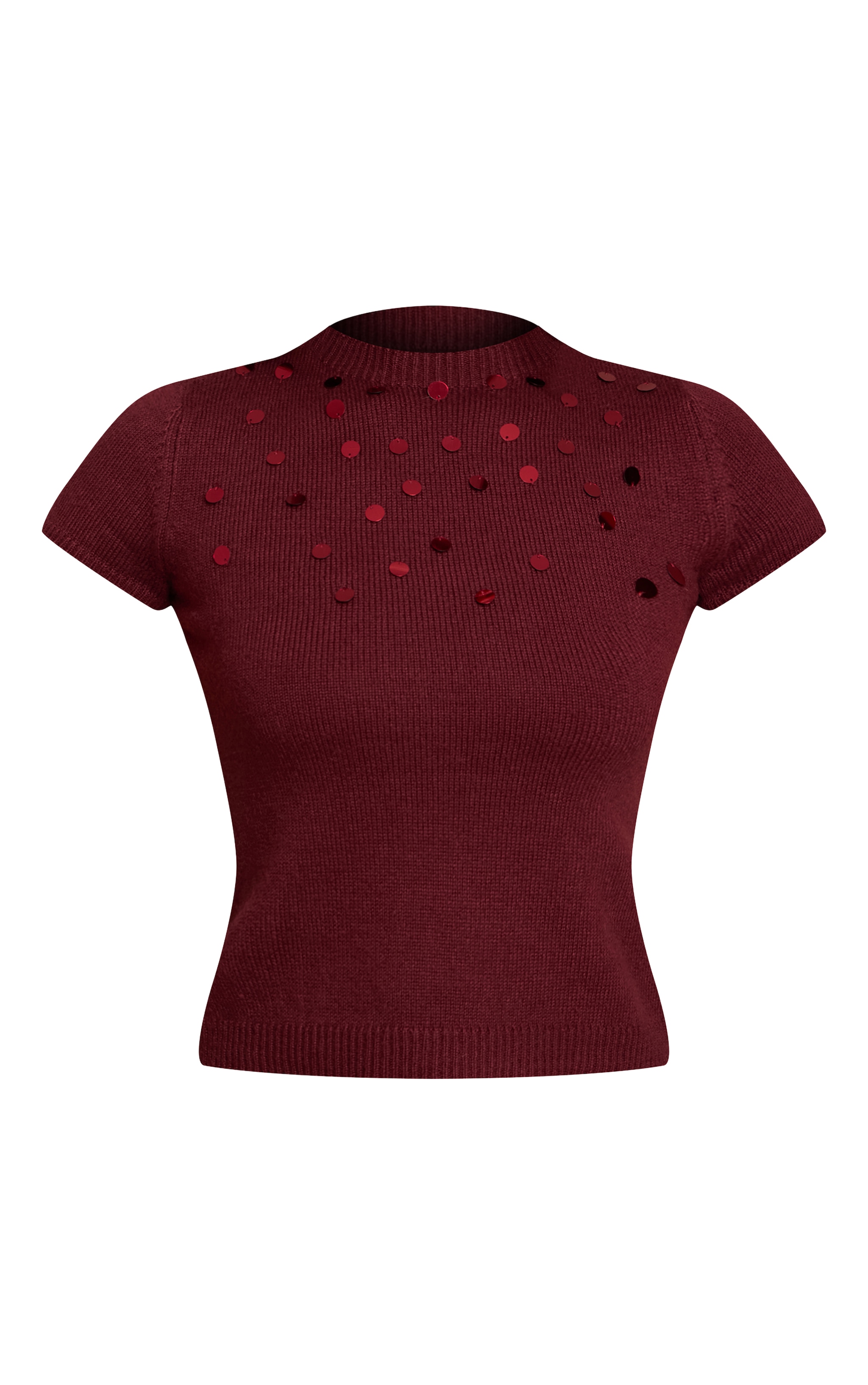 Burgundy Knitted Sequin Detail Cap Sleeve Top image 5