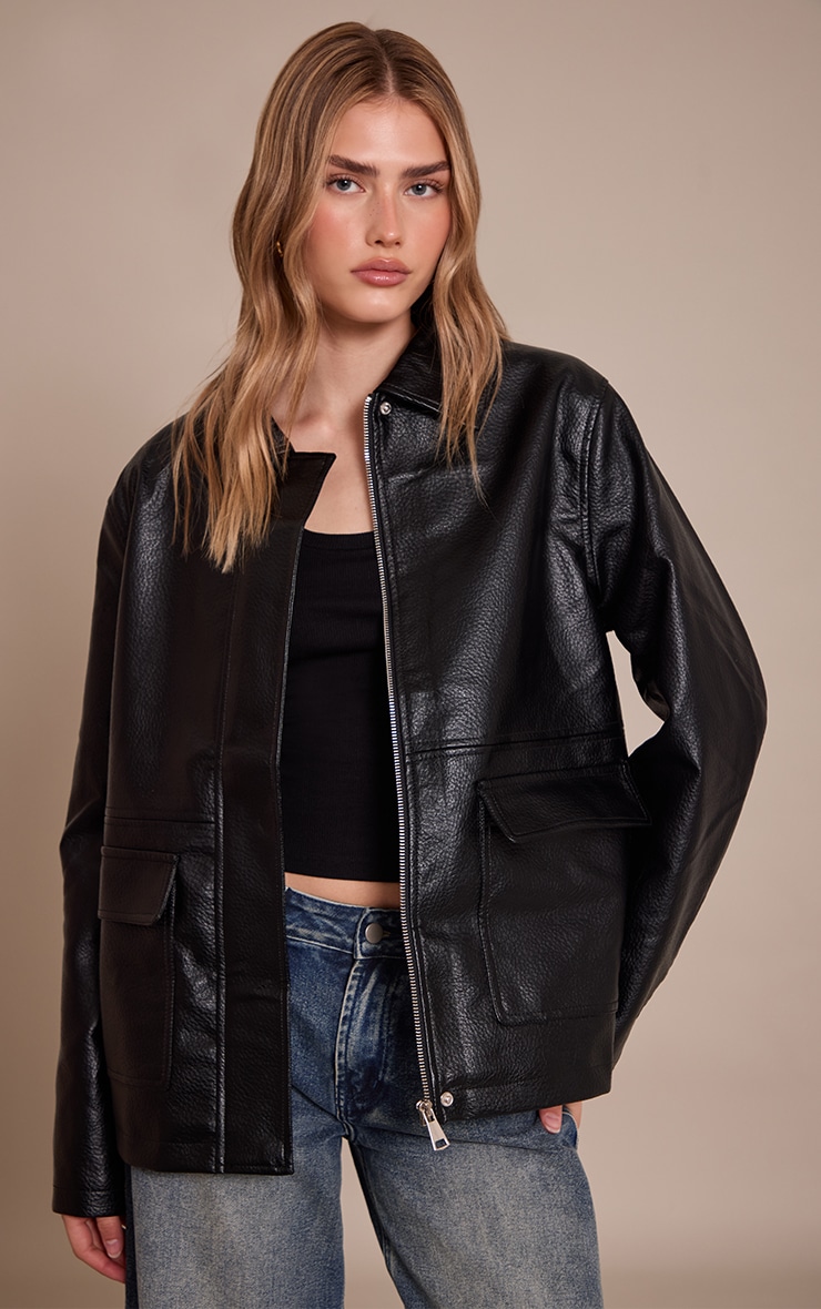 Black Faux Leather Oversized Jacket image 1