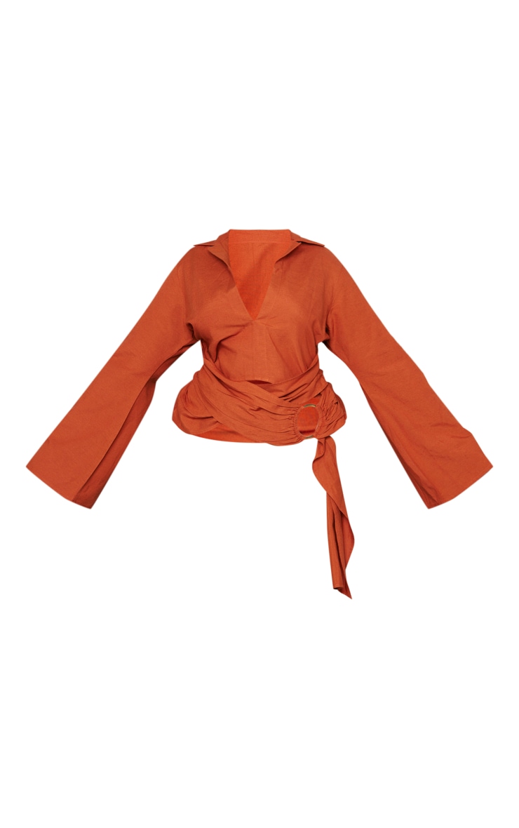 Plus Rust Linen Look Wrap Ring Detail Shirt image 5