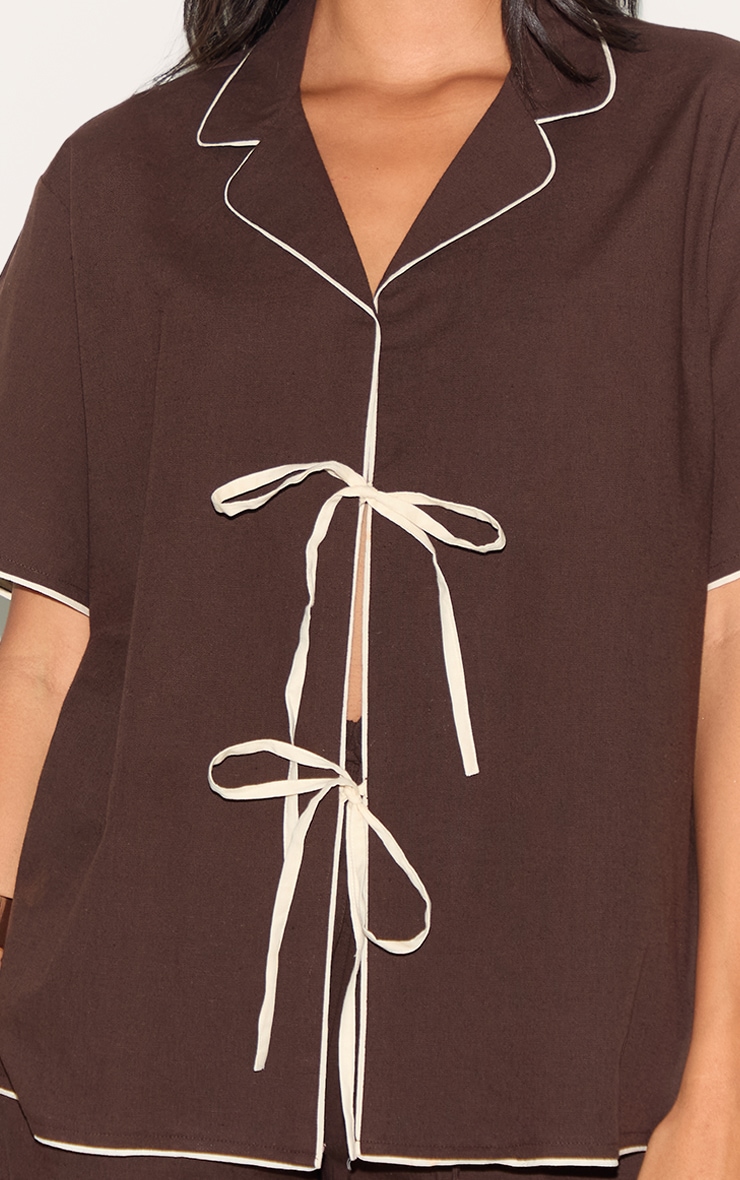 Dark Brown Linen Look Contrast Oversized Tie Shirt image 4