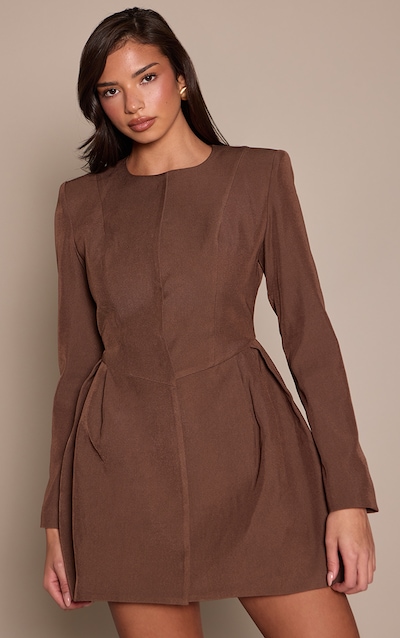 Premium Chocolate Woven Structured Hip Detail Blazer Dress