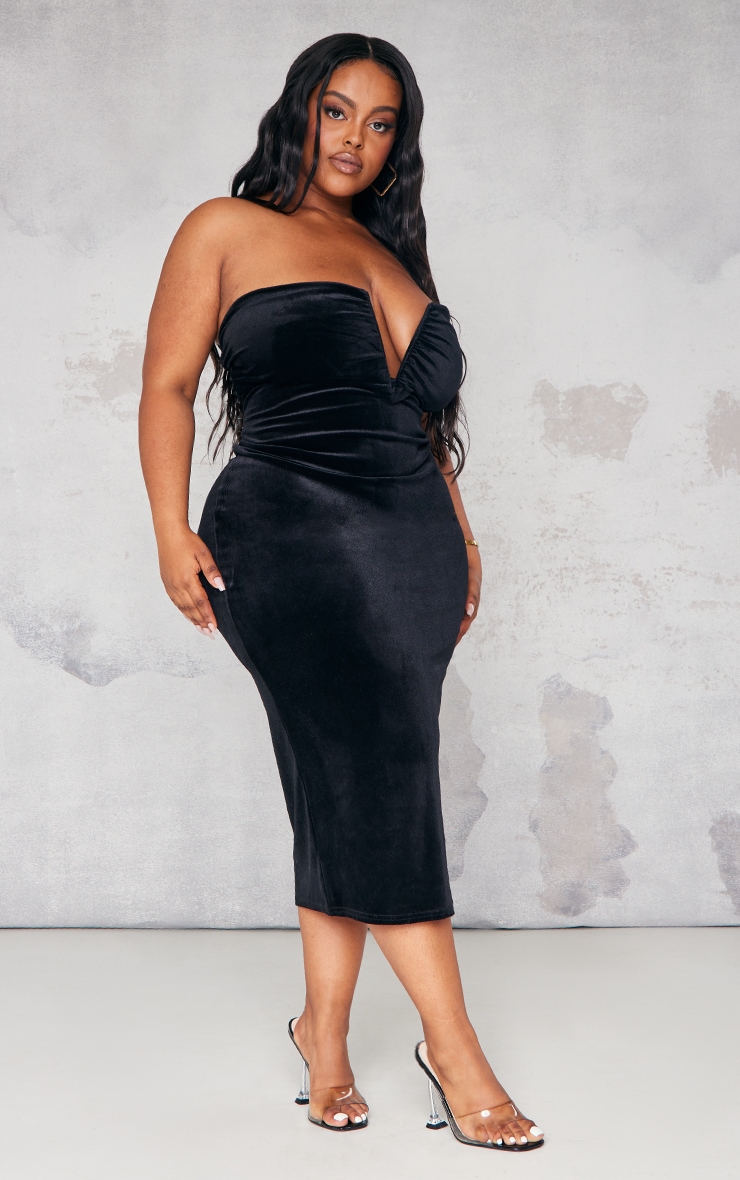 Plus Black Velvet V Bar Detail Midi Dress image 3