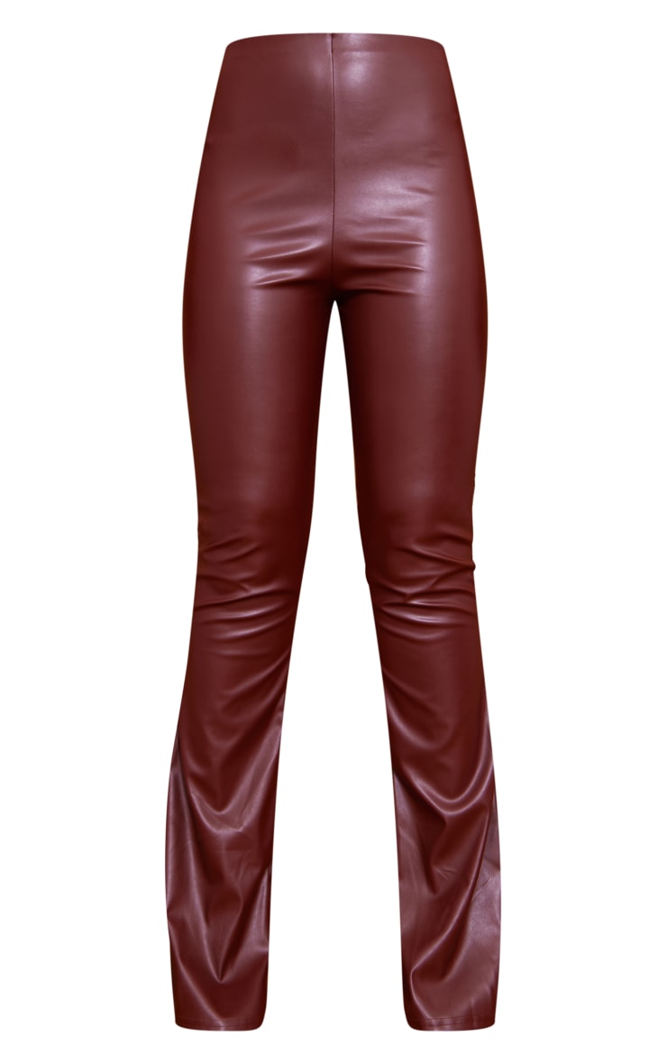 Chocolate Brown Flare Faux Leather Ruched Bum Pants image 3