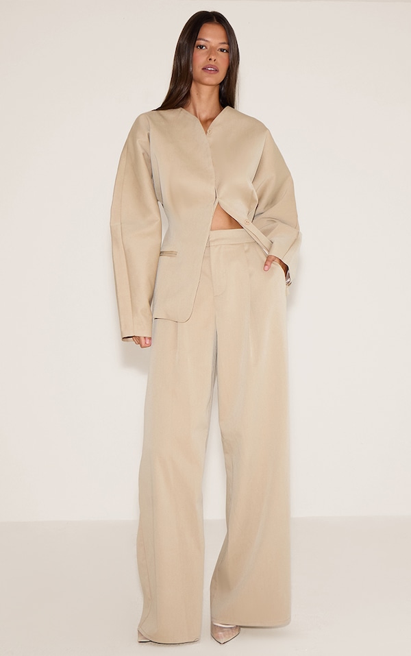 Sand Premium Woven Tailored Wide Leg Pleated Front Pants