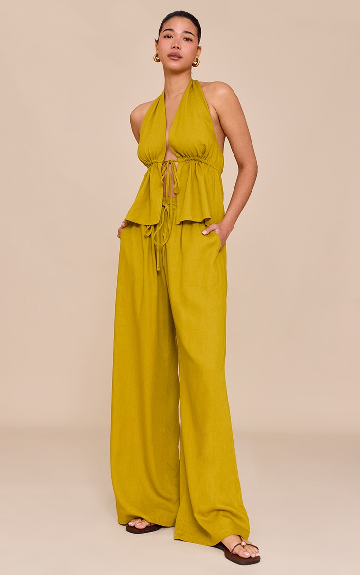 Deep Mustard Linen Look Tie Waist Longline Top image 3