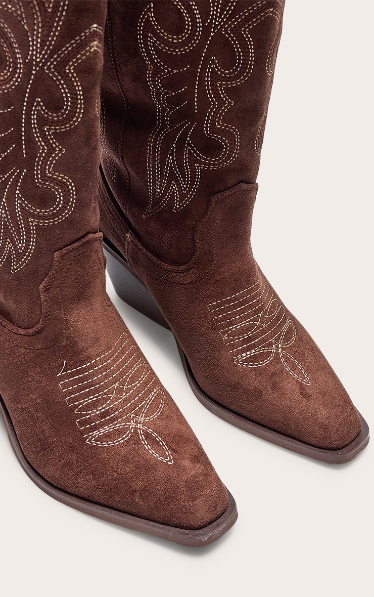 Chocolate Faux Suede Point Toe Calf High Western Boots image 4