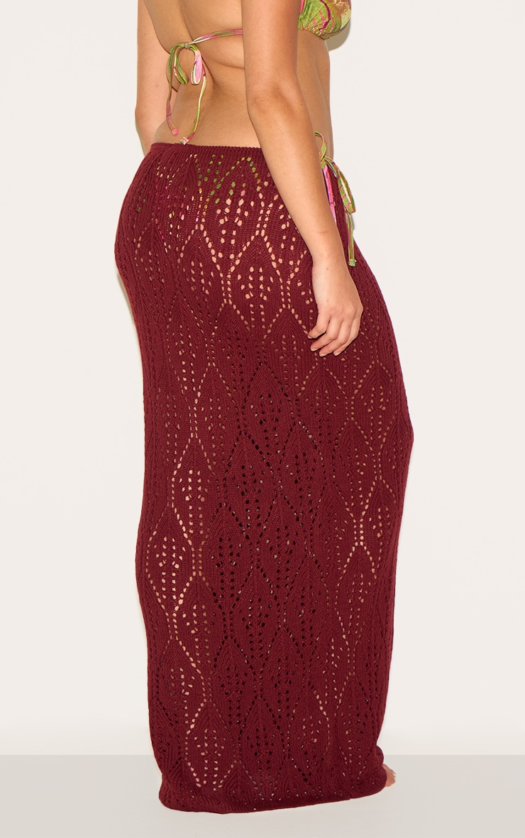 Plus Burgundy Crochet Maxi Knot Detail Beach Skirt image 3